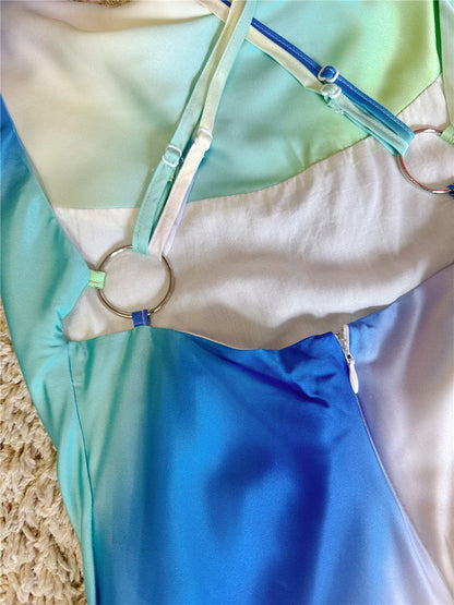 satin silky swing neck ombre open back dress