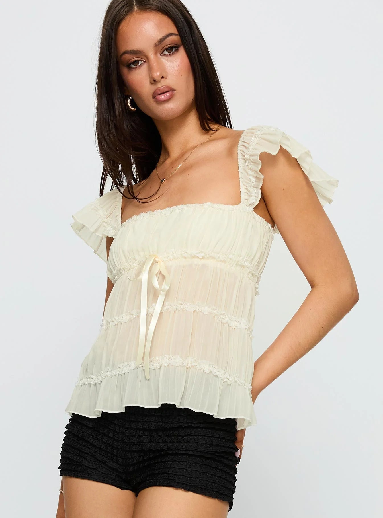 U-Neck Short Sleeve Women's Flying Sleeves With Chest Pads Fashion T-Shirt Tops