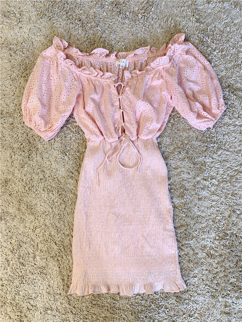 Crochet Cut-out Fungus Lace Lantern Sleeves Hip Wrap Dress