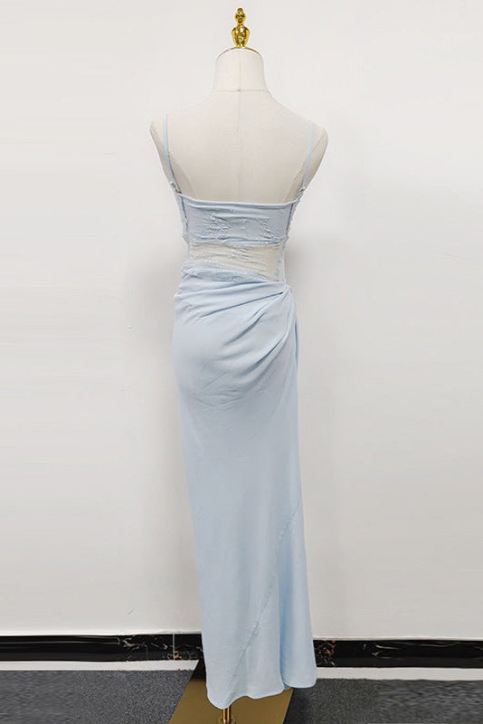 Hollow pleated suspenders with ruffles maxi dress in blue