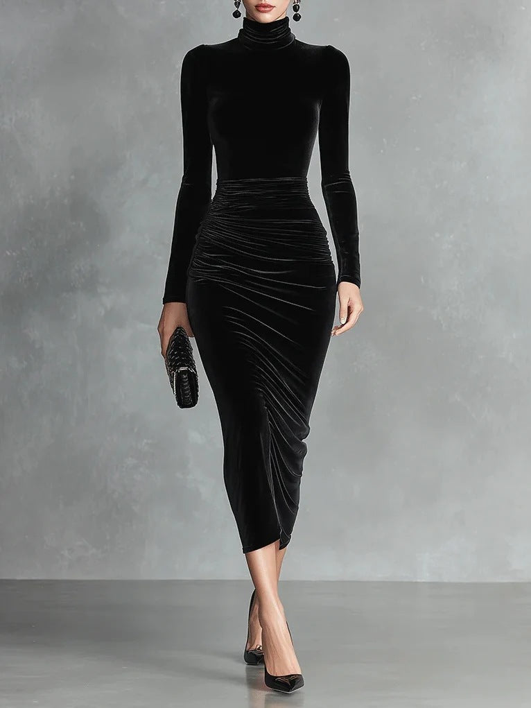 Flowering Girl Women black long sleeve turtleneck hip gold velvet maxi dress