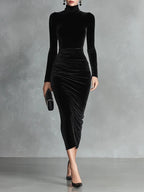 Flowering Girl Women black long sleeve turtleneck hip gold velvet maxi dress