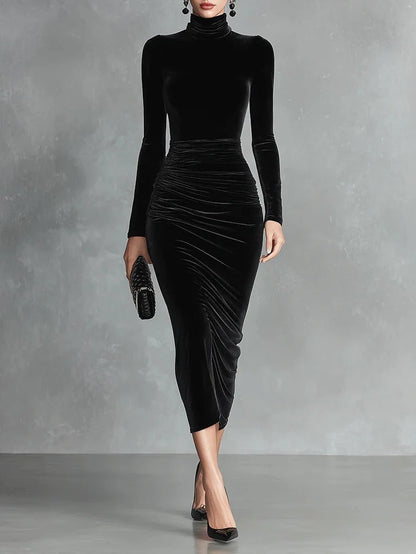 black long sleeve turtleneck hip gold velvet maxi dress