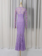 Flowering Girl Women Penny Lace Hollow Ruched Bodycon Long Sleeve Maxi Dress In Purple