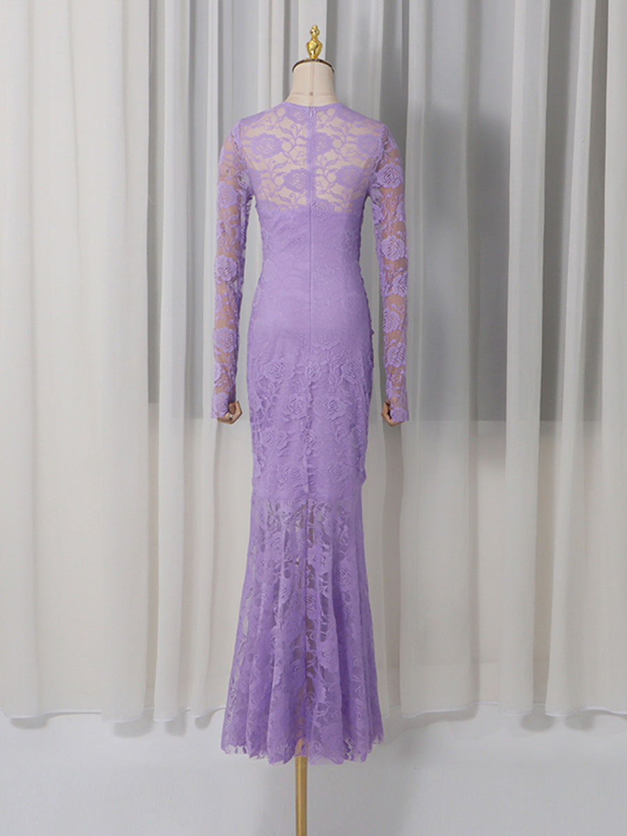Flowering Girl Women Penny Lace Hollow Ruched Bodycon Long Sleeve Maxi Dress In Purple