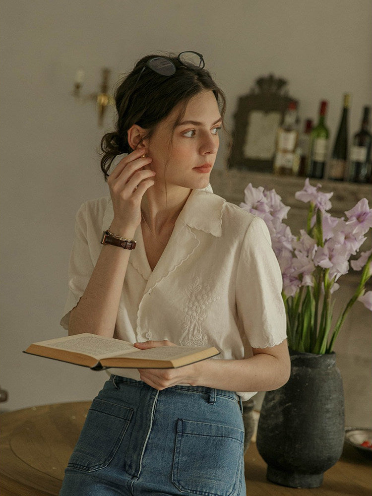 White Embroidered Lace Short Sleeve Shirt Top