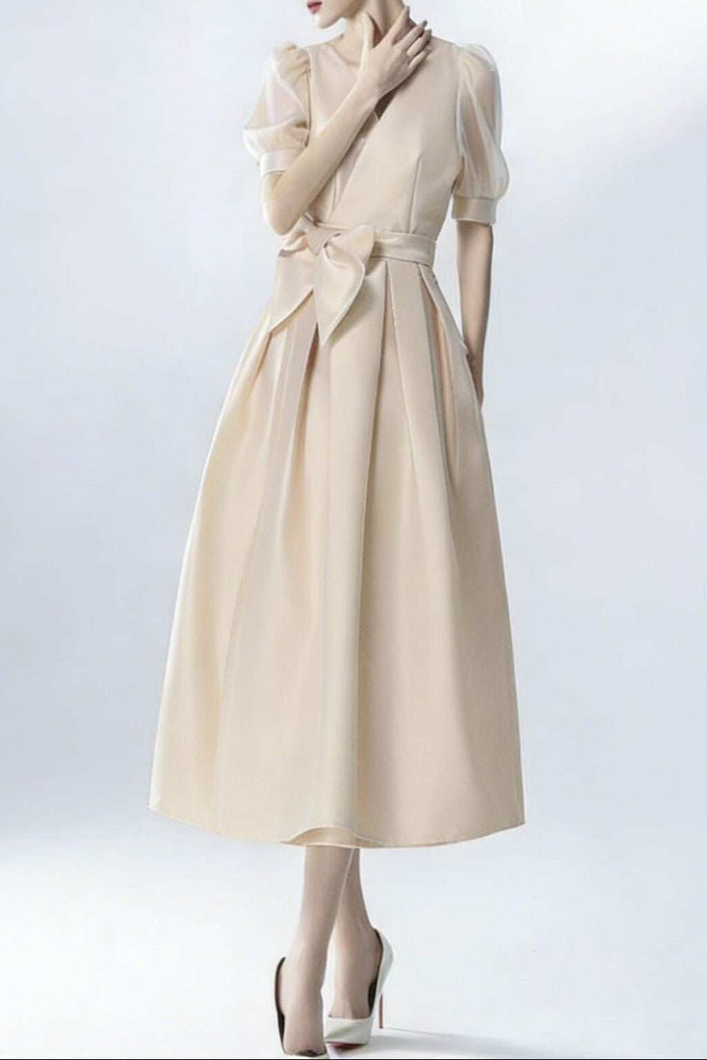 Satin Puff Sleeve Bow Belt Midi Dress