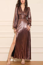 Nora Metallic Brown V-Neck Long Sleeve Pleated Maxi Dress