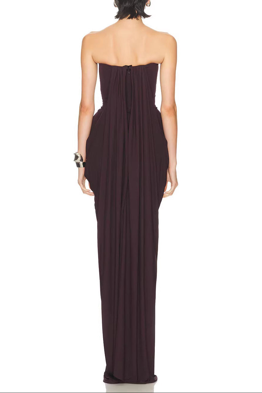 Simona Pleated Crepe Jersey Strapless Gown In Brown