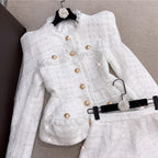 Flowering Girl Women Metal button wool shorts two-piece set - white