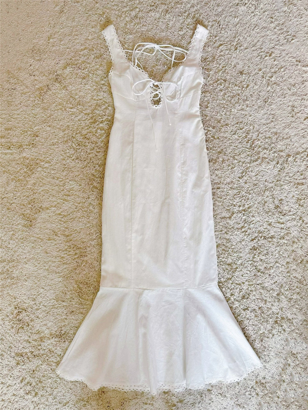 white crochet patchwork backless cotton dress