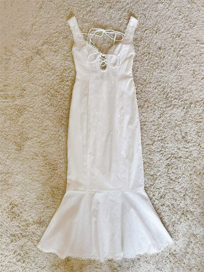 white crochet patchwork backless cotton dress