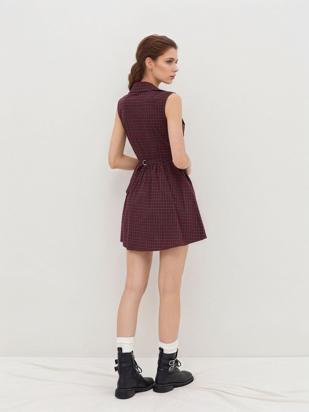 Flowering Girl Women Red Plaid Sleeveless Lapel V Neck Button Front Fit And Flare Mini Dress Summer Retro Dress