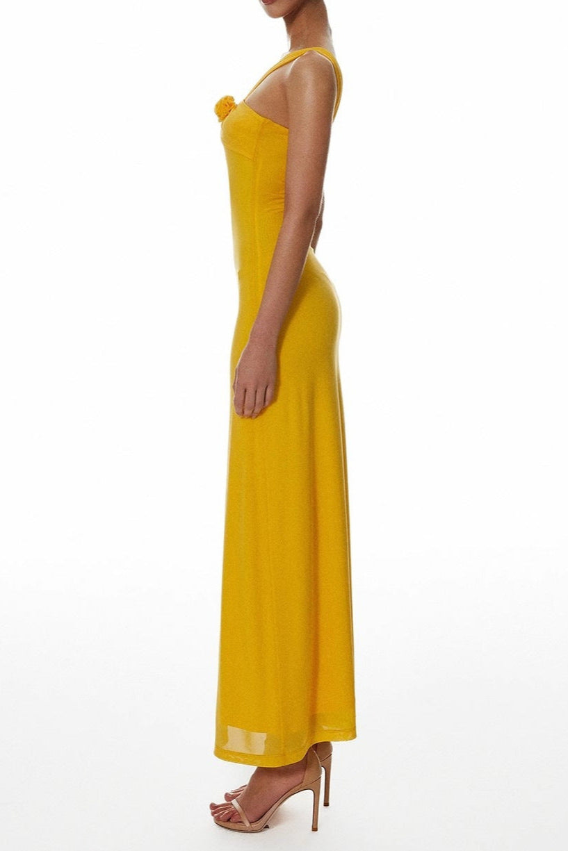 Flowering Girl Women One-Shoulder Flower a-Line Maxi Dress In Yellow