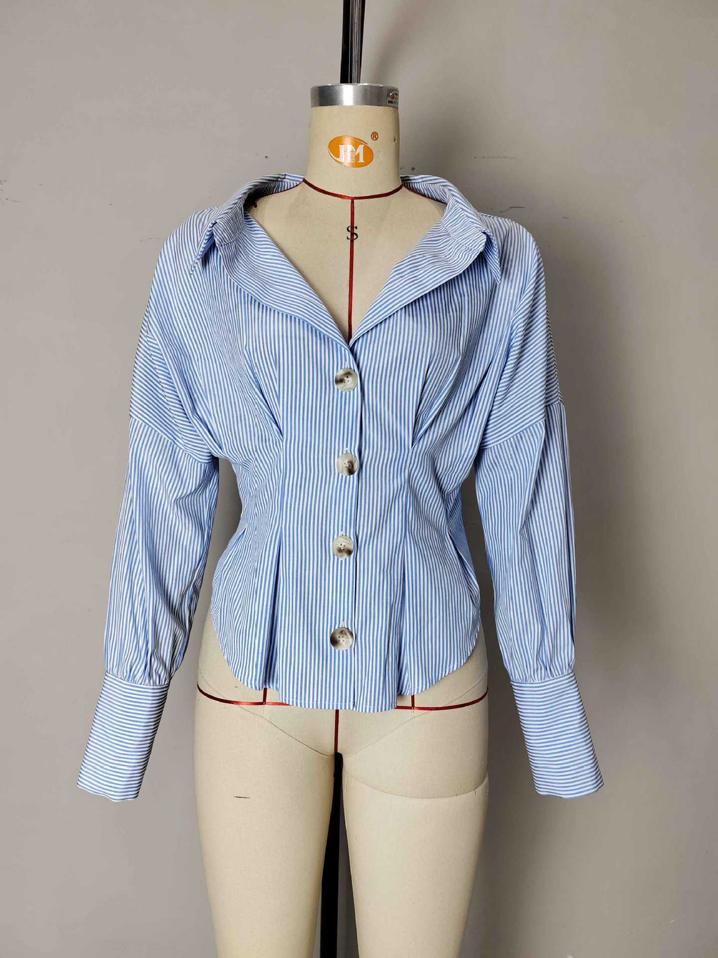 Flowering Girl Women Blue White Stripe Off Shoulder Collared Cinched Waist Peplum Shirt