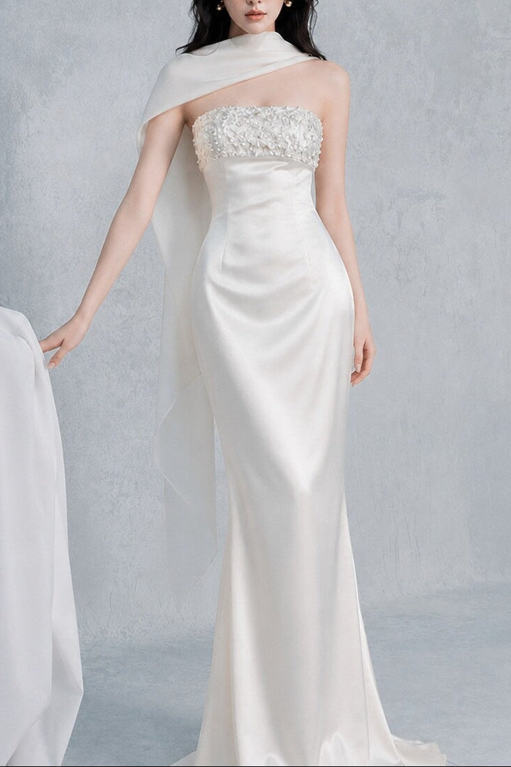 Flowering Girl Women sylvia rhinestone embellish strapless satin maxi dress - white