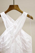 Flowering Girl Women High Crossover V-Neck Pleated Maxi Dress In White