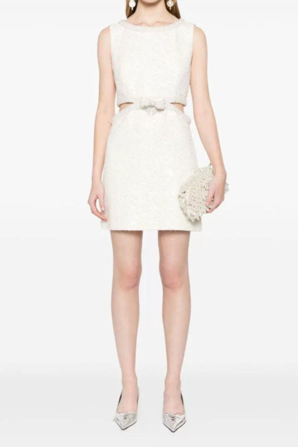 Flowering Girl Women cut out cream boucle pearl mini dress
