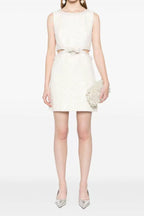 Flowering Girl Women cut out cream boucle pearl mini dress