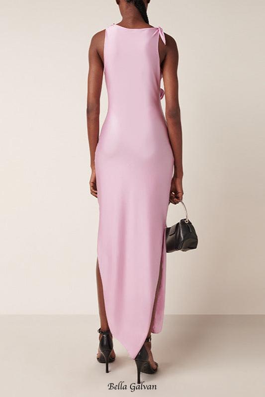 3d flower asymmetric satin slit gown in pink