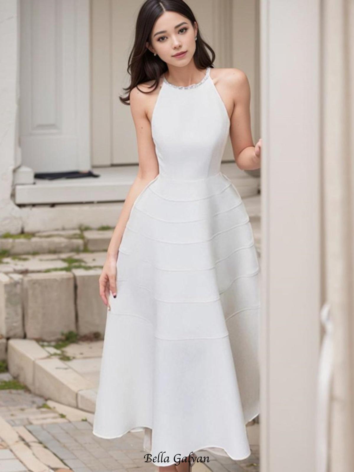 Sleeveless halter neck with diamond midi dress in white