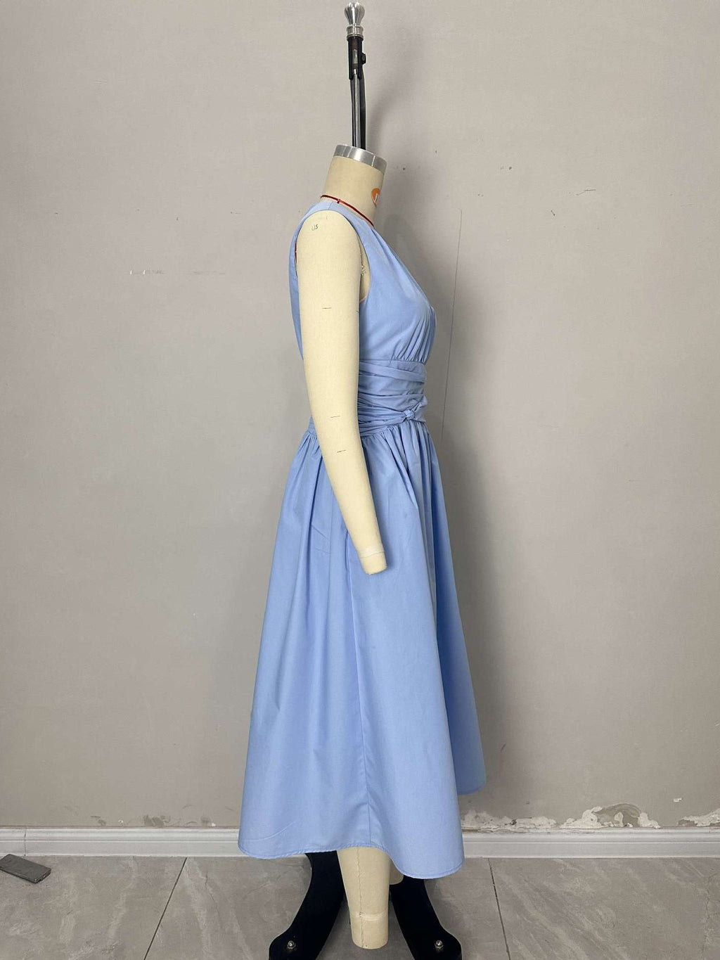 Flowering Girl Women Light Blue Sleeveless Round Neck Twisted Waist Midi Dress Side Pocket Flowy Summer Dress