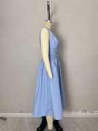 Flowering Girl Women Light Blue Sleeveless Round Neck Twisted Waist Midi Dress Side Pocket Flowy Summer Dress