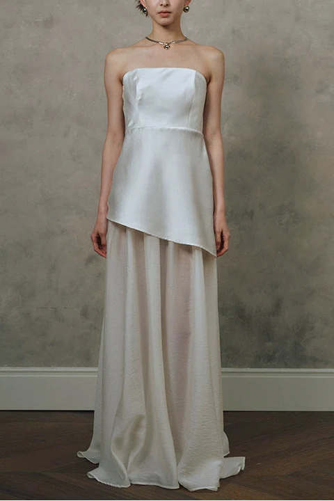 Satin Spliced Tulle Strapless Maxi Dress - White