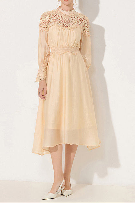Cecilia Apricot Lantern Sleeves Openwork Wavy Trim Midi Dress