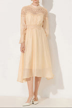 Cecilia Apricot Lantern Sleeves Openwork Wavy Trim Midi Dress