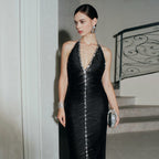 Flowering Girl Women Sherry Halter Rhinestone Bandage Tassel Midi Dress In Black