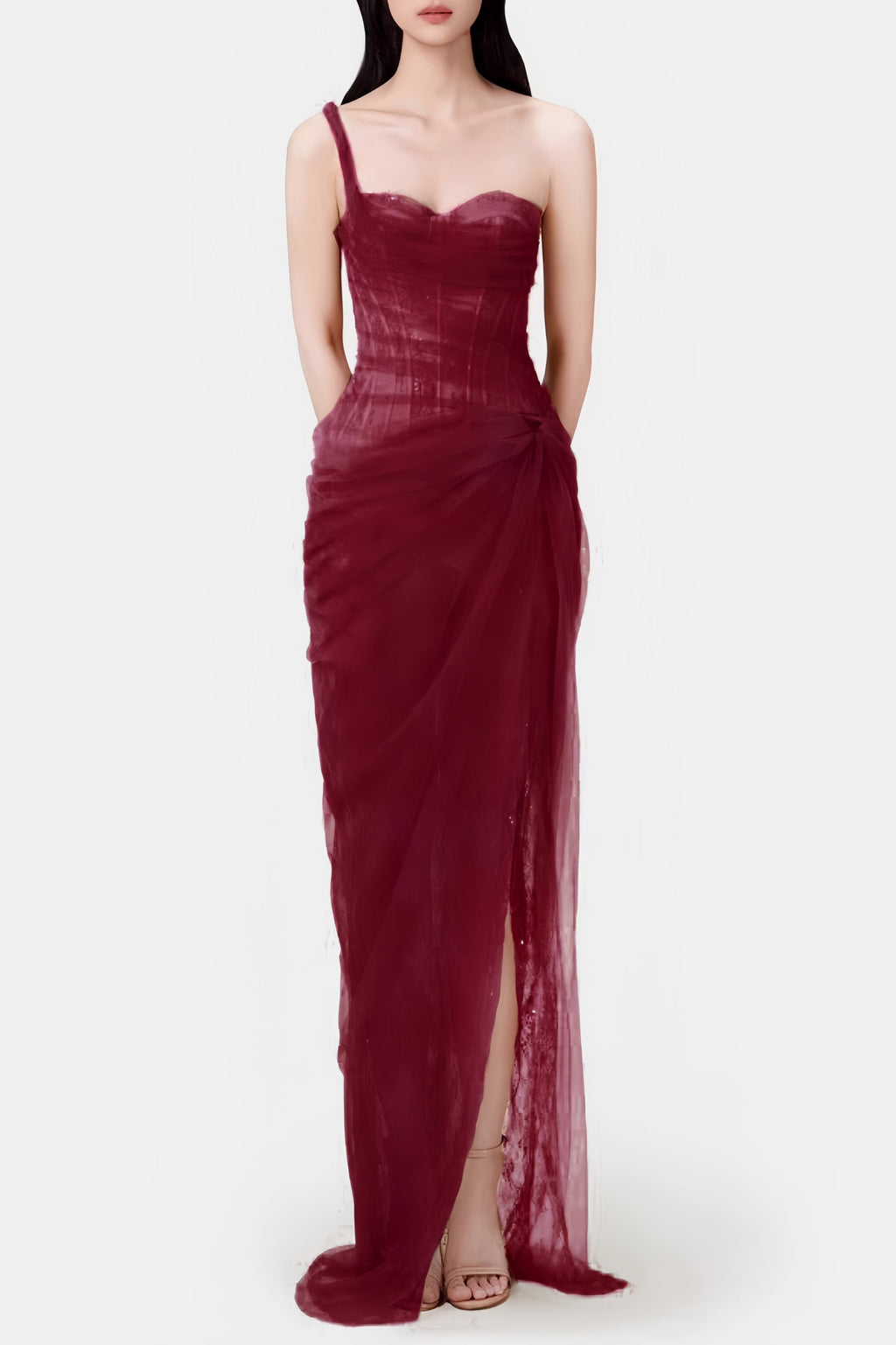 Flowering Girl Women Lace Corset One Shoulder Midi Dress - Wine