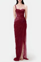 Flowering Girl Women Lace Corset One Shoulder Midi Dress - Wine