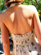 Flowering Girl Women halter neck backless layered floral print maxi dress in green