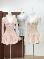 eileen Long-sleeve v-neck lace A-line mini dress in pink