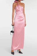 yvonne one-shoulder 3d flower satin maxi dress in pink