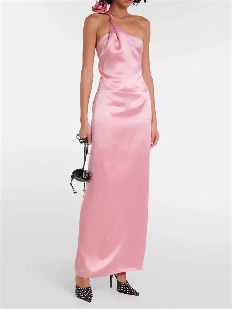 Flowering Girl Women Yvonne One-Shoulder 3d Flower Satin Maxi Dress In Pink