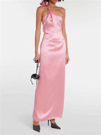 Flowering Girl Women Yvonne One-Shoulder 3d Flower Satin Maxi Dress In Pink