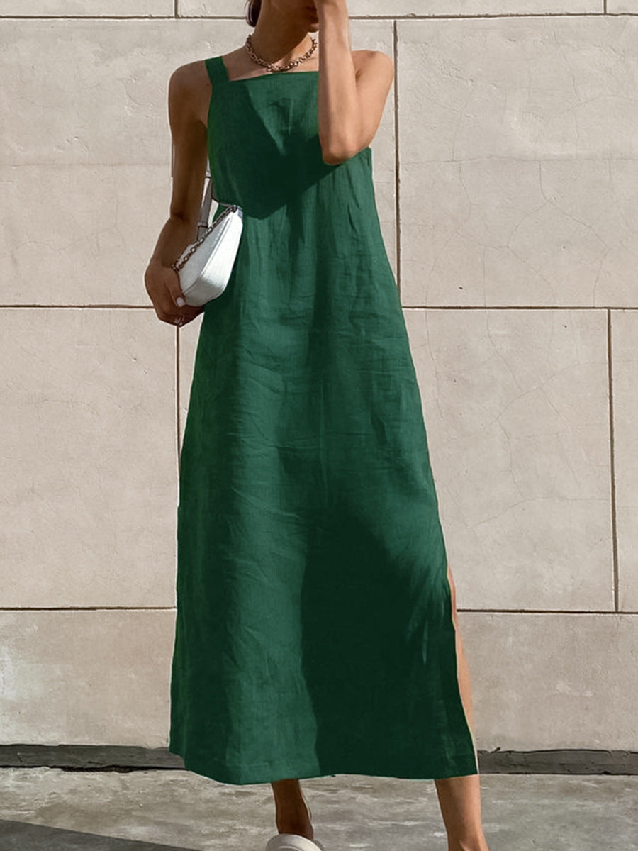 Flowering Girl Women cotton linen side slit strap midi dress