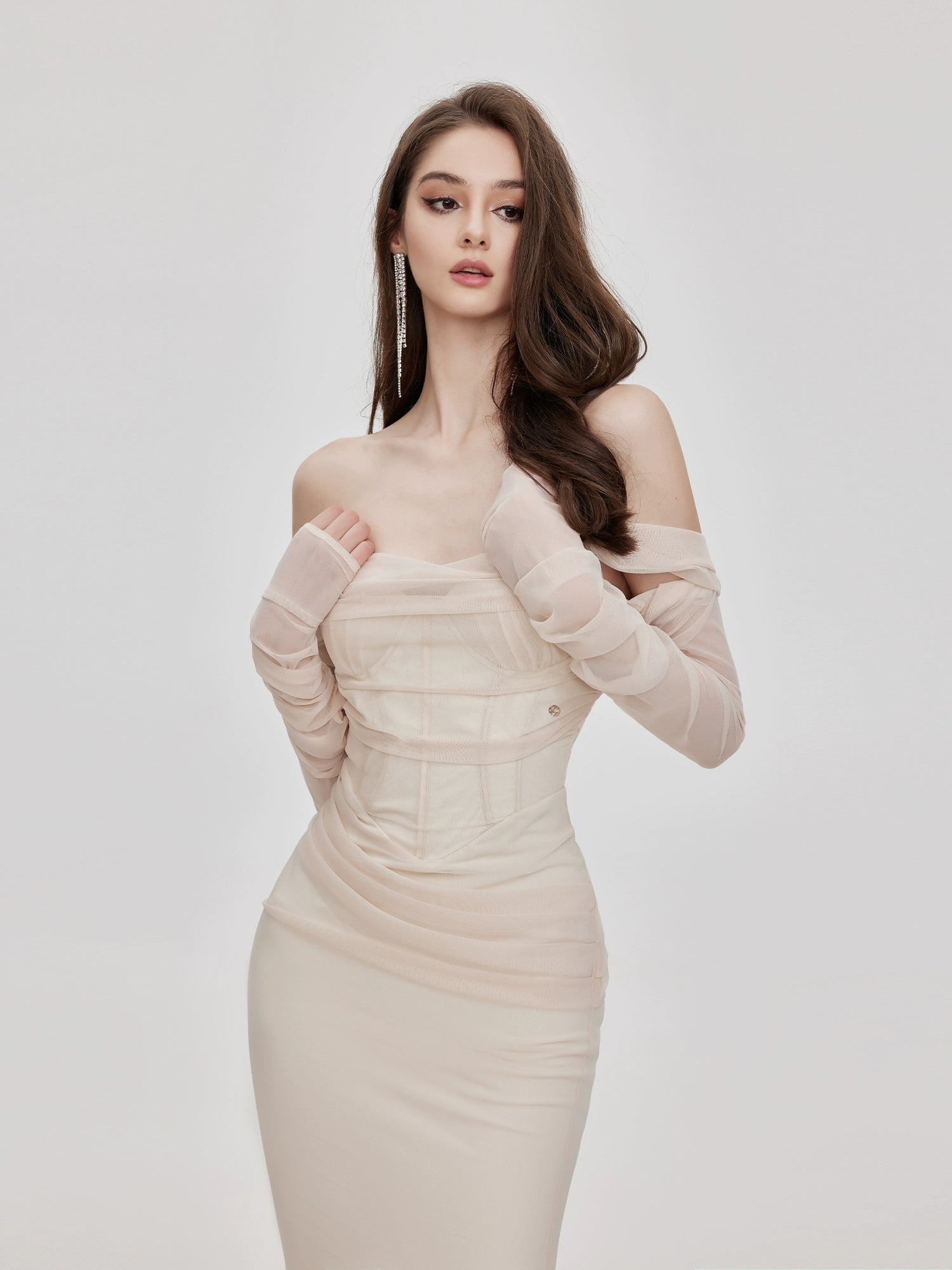 Ariel Apricot Mesh Off-Shoulder Mermaid Maxi Dress