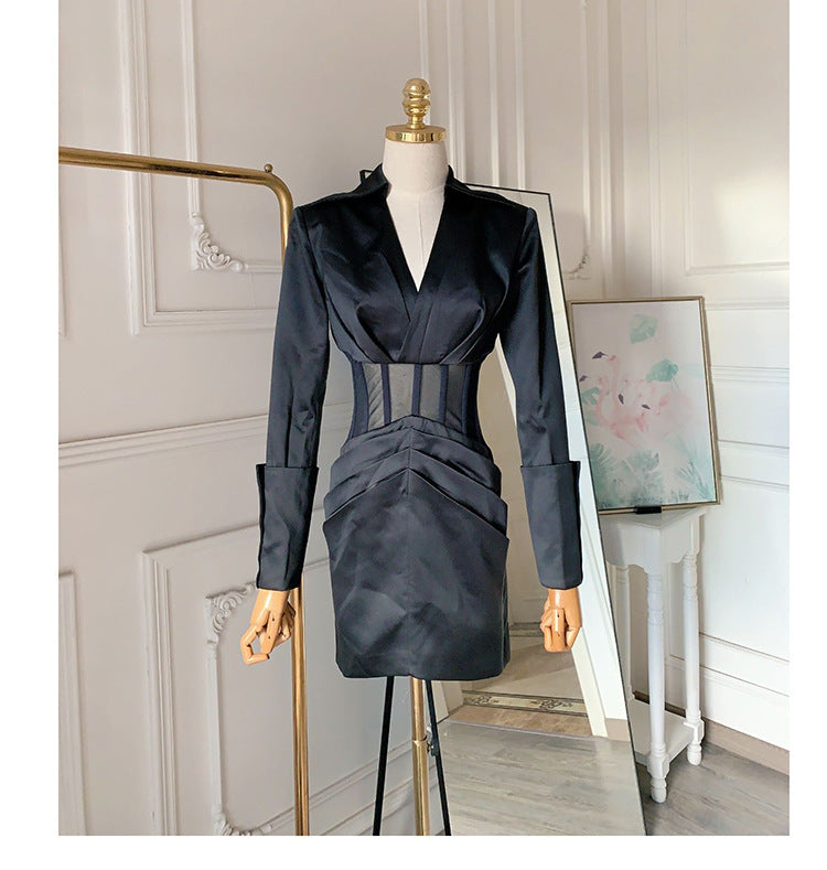 Flowering Girl Women Alyssa Deep V See-Through Fishbone Pleated Hip Blazer Mini Dress In Black