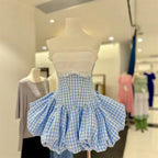 Flowering Girl Women stephanie plaid strapless puffy mini dress - blue