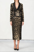 Flowering Girl Women High-Waisted Skirt Gold Sequin Print Blazer Suit In Black