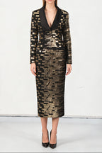 Flowering Girl Women High-Waisted Skirt Gold Sequin Print Blazer Suit In Black