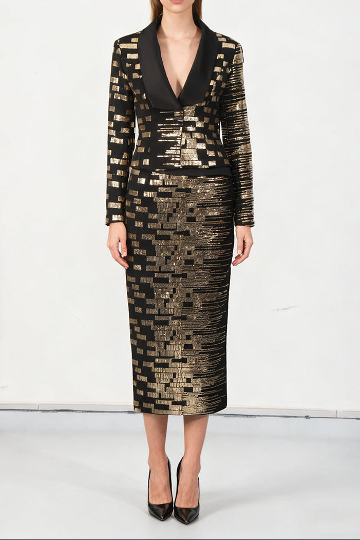 Flowering Girl Women High-Waisted Skirt Gold Sequin Print Blazer Suit In Black
