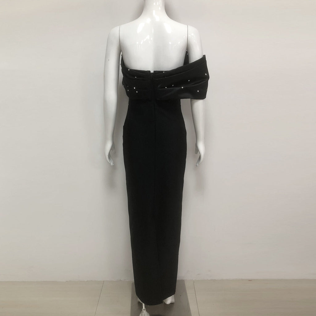 Flowering Girl Women Rosemary Black Pearl Embellished Draped Strapless Maxi Dress