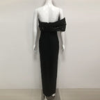 Flowering Girl Women Rosemary Black Pearl Embellished Draped Strapless Maxi Dress