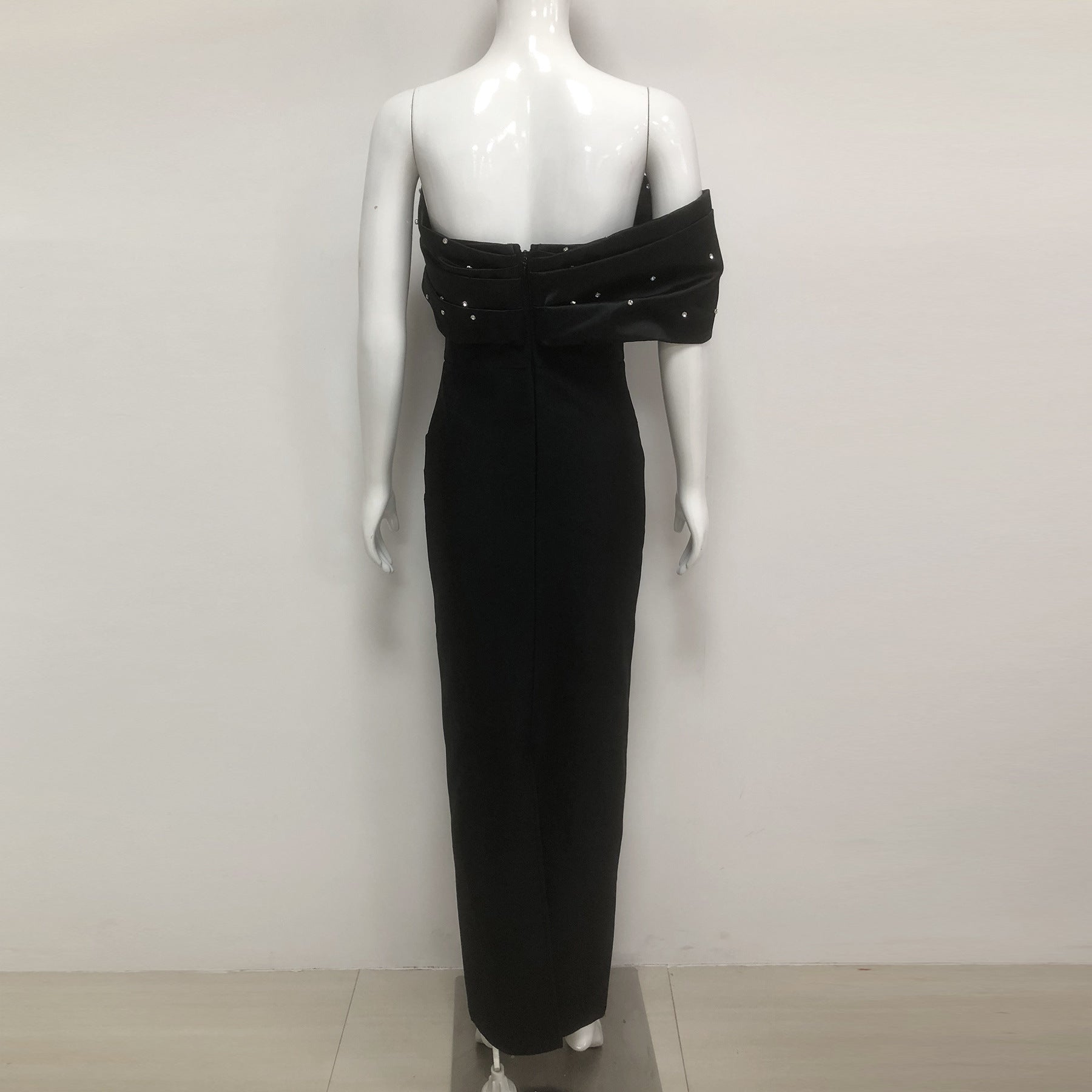 Flowering Girl Women Rosemary Black Pearl Embellished Draped Strapless Maxi Dress