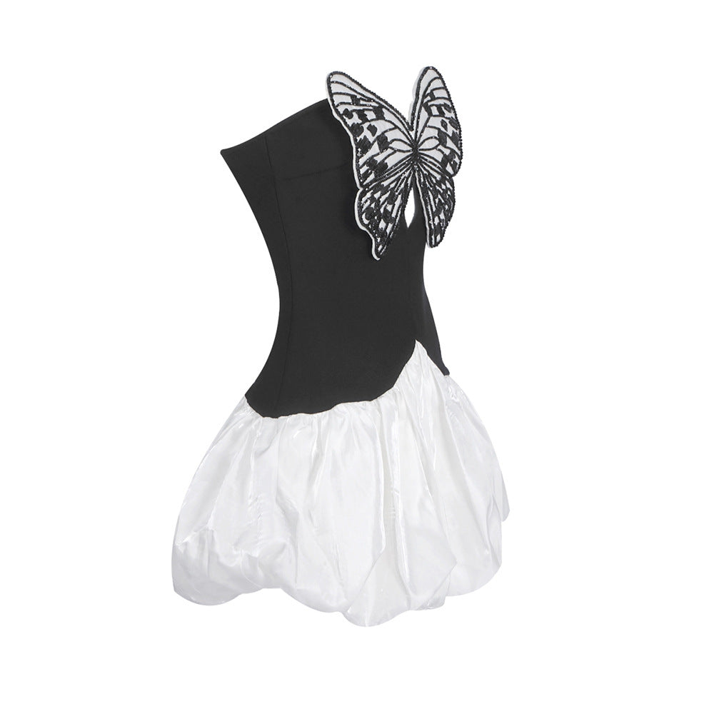 Flowering Girl Women Butterfly Embroidered Bodice Puffball mini Dress in black