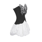 Flowering Girl Women Butterfly Embroidered Bodice Puffball mini Dress in black